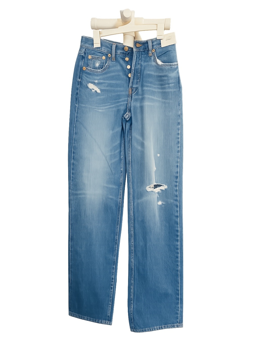 High-Rise Button-Fly Distressed Straight Jeans - Blue
